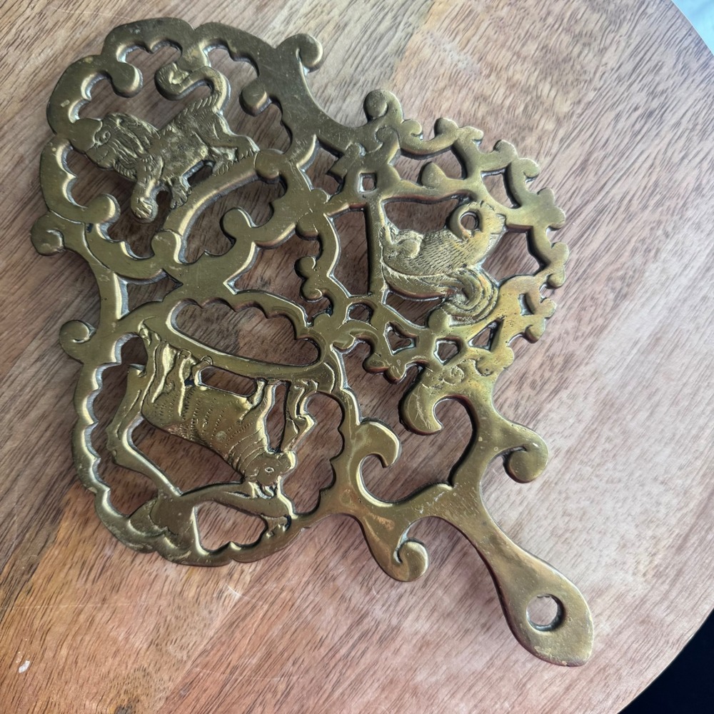 Vintage Brass Animal Trivet 9x6‎ Gold Lion Cow Squirrel Scrollwork Hanging